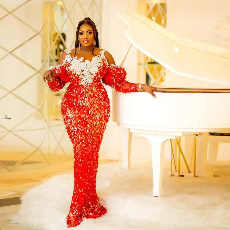 Sparkly Red Sequined Prom Dresses Lace Appliques Off The Shoulder Long Sleeves Evening Gowns Aso Ebi Plus Size Women Party Dress