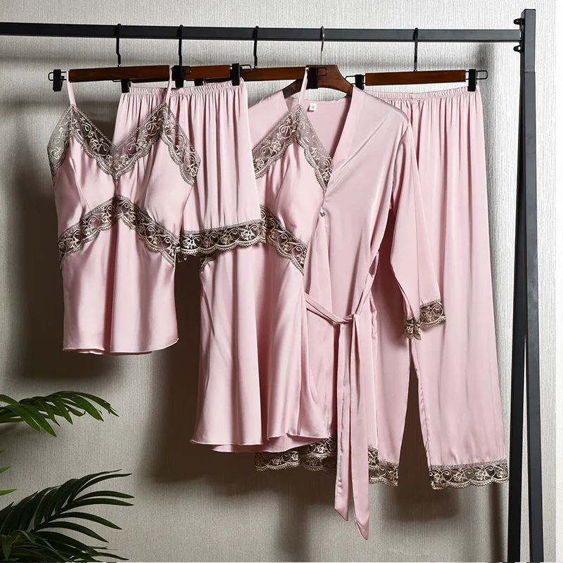 

5PCS Pajamas Suit Women Sleepwear Silky Satin Nightgown Kimono Gown Soft Home Clothes Nightwear Lace Pyjamas Intimate Lingerie