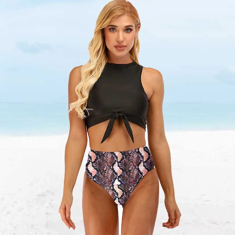 

Leopard Print High Waist Swimwear Women 2021 New Sexy High Cut Bikini Beachwear Swimsuit Female Snake Print Brazilian Biquini