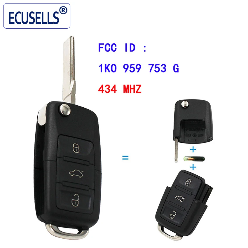 Флип пульт дистанционного ключа Fob 3 кнопки с чипом ID48 433 МГц/434 МГц для VW Golf Octavia и