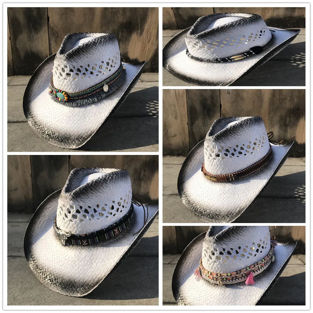 

100% Straw Women Men Hollow Western Cowboy Hat Elegant Lady Sombrero Hombre Hat Fascinator Sunbonnet Cowgirl Sun Hat