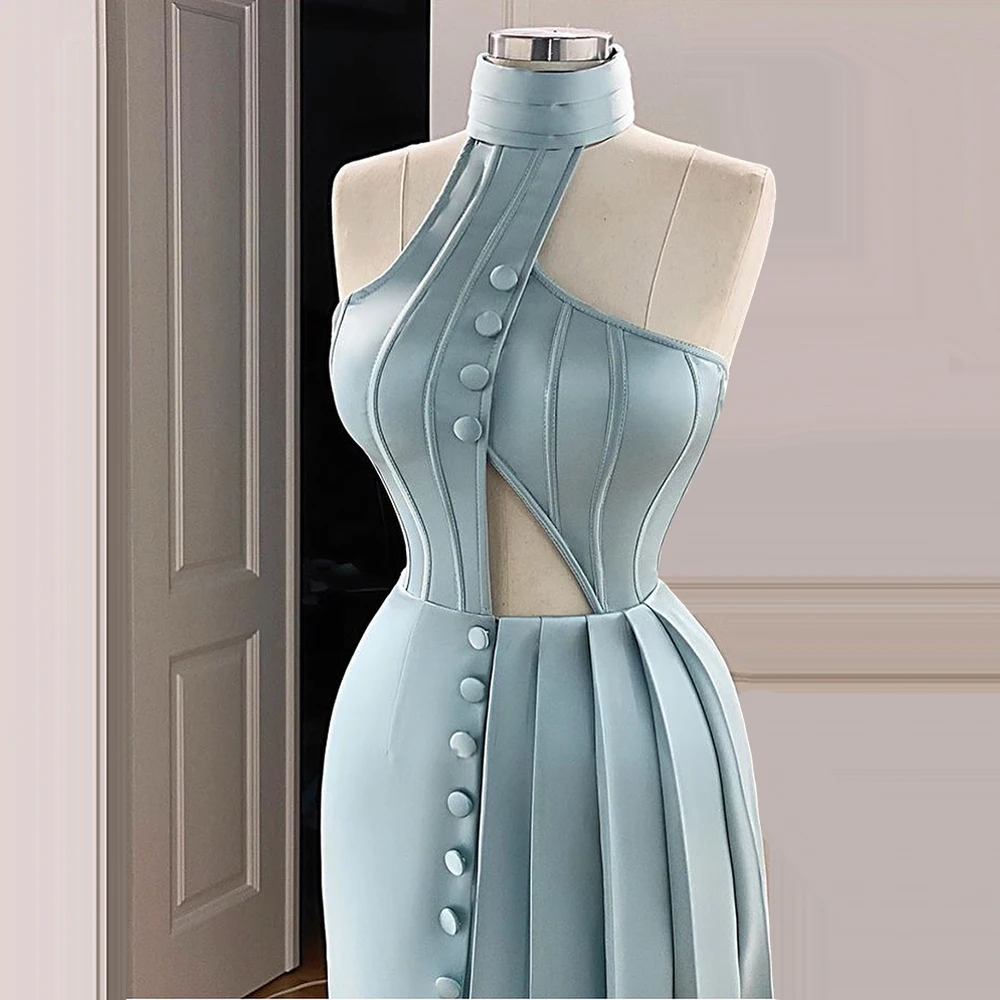 Bandage Buttons Keyhole Satin Prom Light Blue kleider abendkleider 2021  sukienki na studniówkę abito cerimonia donna