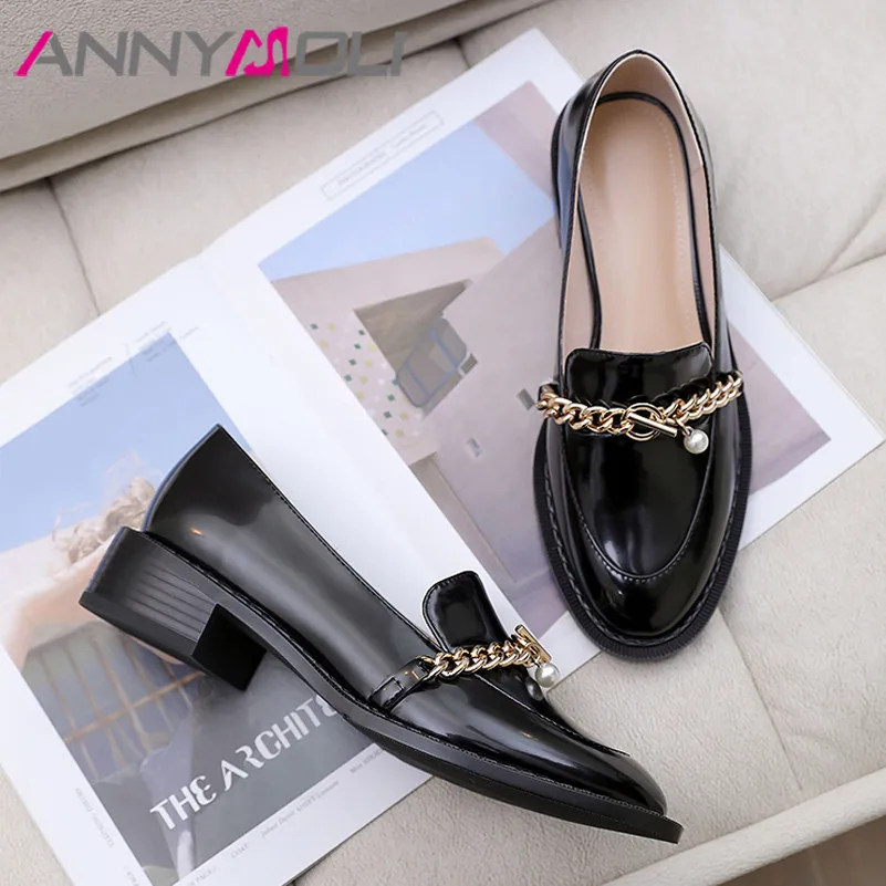 

ANNYMOLI Loafers Shoes Women Genuine Leather Low Heels Block Heel Pumps Chain Round Toe Shoes Fashion Female Footwear 2021 Black