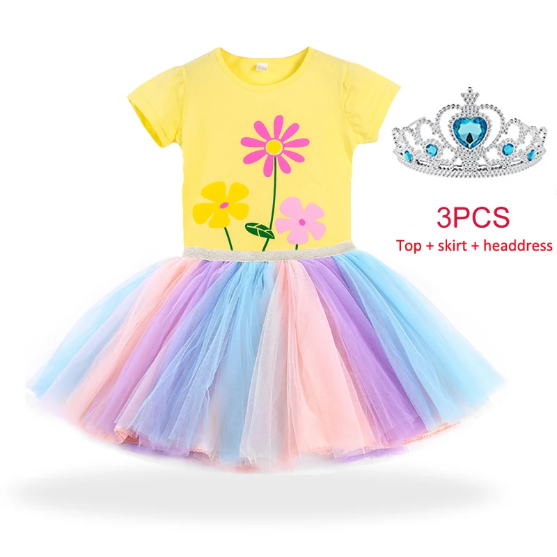 1-8 Years Girls Dresses Kids Cartoon Vestidos Children 2021 Summer Dress for Short Sleeve Unicorn 3 Pcs | Детская одежда и обувь