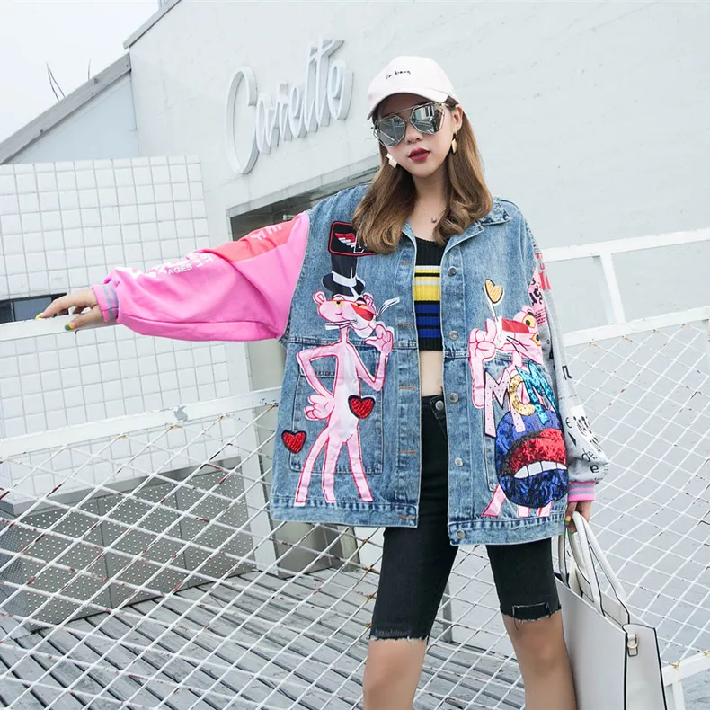 

Vintage Spliced Sequins denim jacket women loose bf coats and jackets women jacket bomber jacket denim jacket women coat women