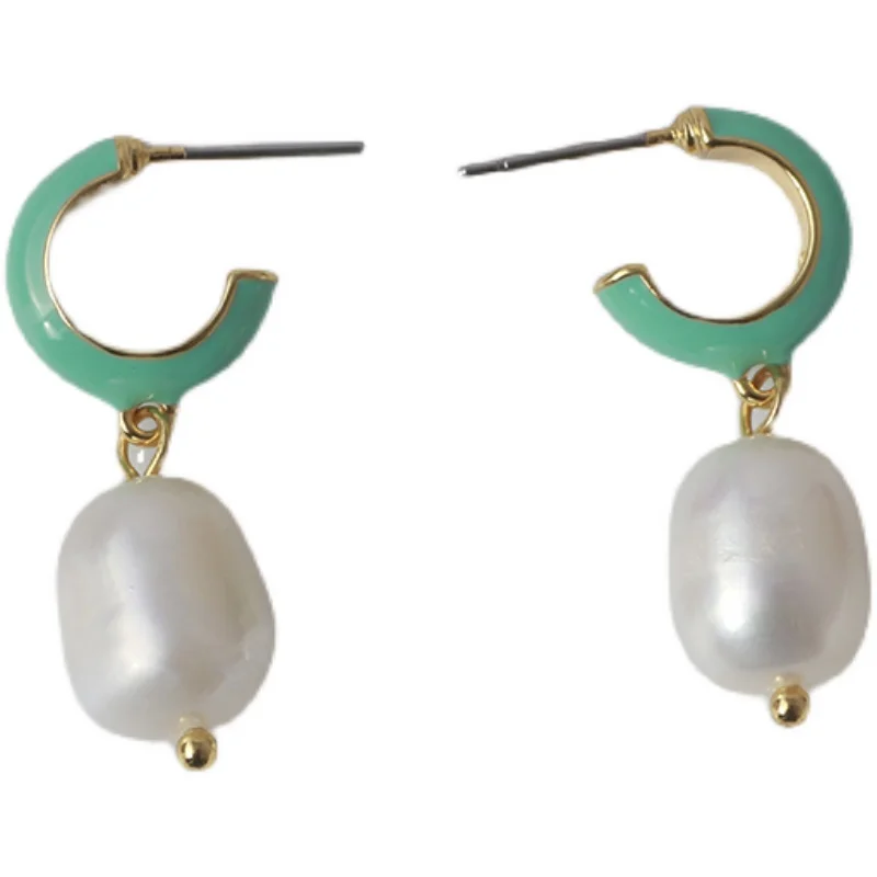 

Niche design sweet gentle temperament candy color enamel C-shaped inlaid freshwater pearl temperament earrings earrings