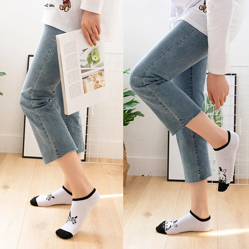 5 Pairs Black White Zebra Summer Cartoon Thin Women Casual Cotton Funny Animals Female Cute Kawayi Happy Girls Boat Socks