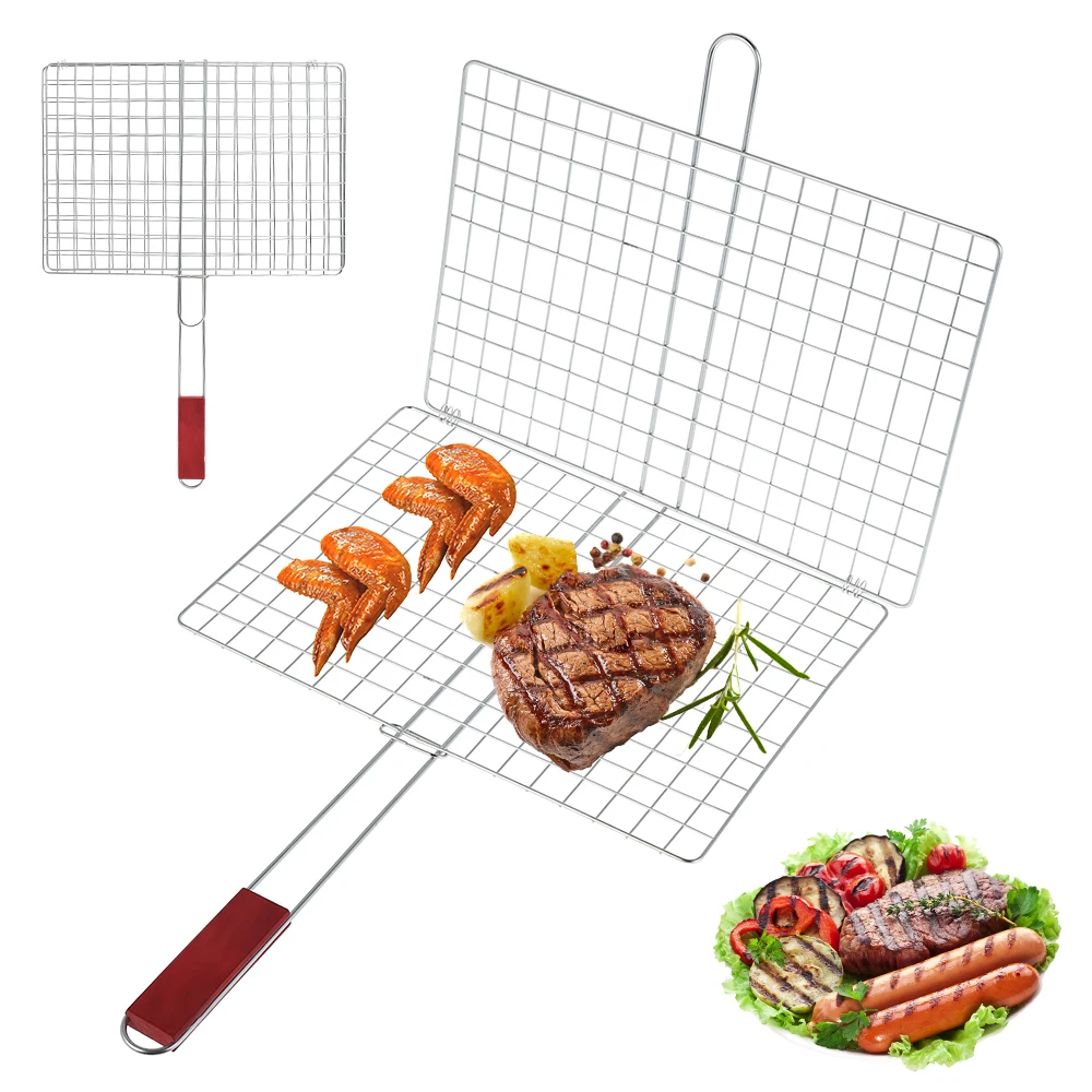 

New DIY Non-stick Triple Fish Grilling Basket Wood Handle Outdoor BBQ Grilling Fish Rack Barbecue Tool Fish Grill Net
