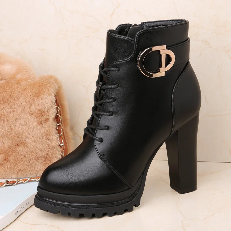 

Lace-Up Thick-Heeled High Heels With Belt Buckle Winter Shoes British Style Waterproof Platform Cross-Laced Women's Boots