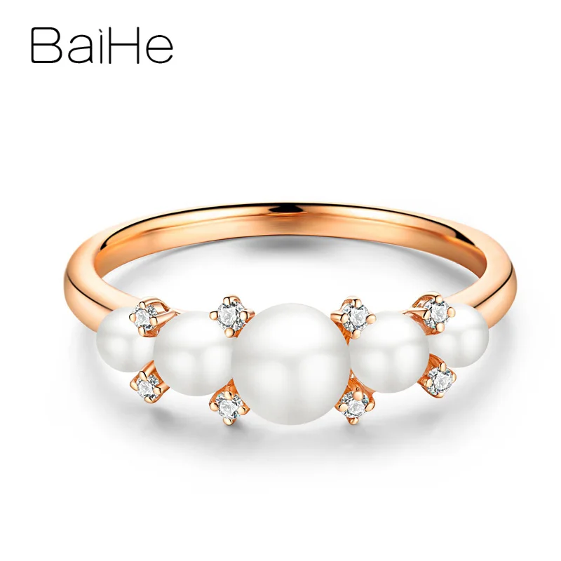 Rose Gold BAIHE, 18 к, желтое золото, 3-5 мм, сертифицированный круглый пресноводный жемчуг, 0.06ct, бриллиант, для свадьбы, для женщин, модное, хорошее ювелирное изделие, подарочное кольцо - Цвет камня: Rose Gold