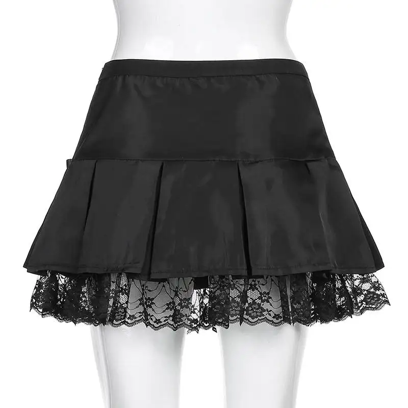 

Mini Skirt Black Lace Woman Skirts Bow A-Line Sexy Fashion Pleated Punk Clothing Goth Korean Sexy Women Style Short Streetwear