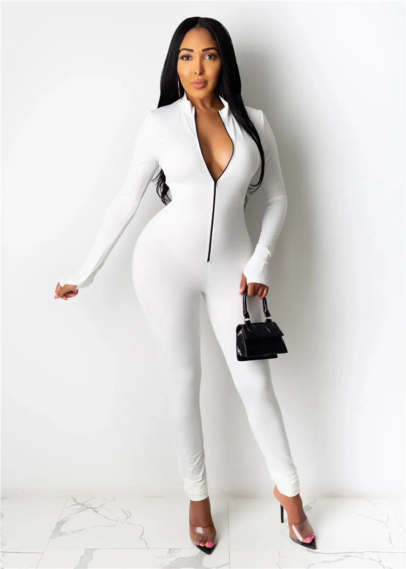 2020 New Style Women Solid Color One Piece Jumpsuit Ladies Zipper Front Long Sleeve Fitness Rompers Playsuits