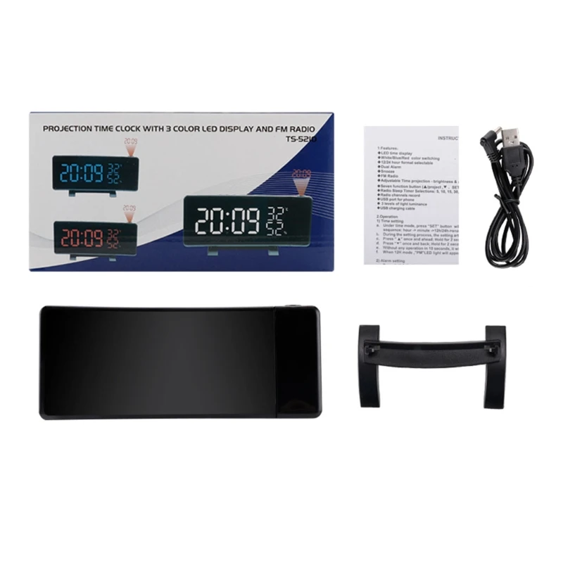 

Проекционный будильник с отображением температуры и влажности, большой изогнутый светодиодный дисплей, вращение на 90 °, дисплей 3 цветов