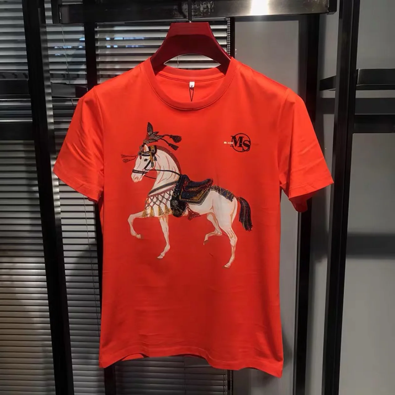 

Explosive 3D Digital Heavy Industry Horse Print Hot Rhinestone Short Sleeve 100% Cotton Personality Trend Half Sleeve T-shirt