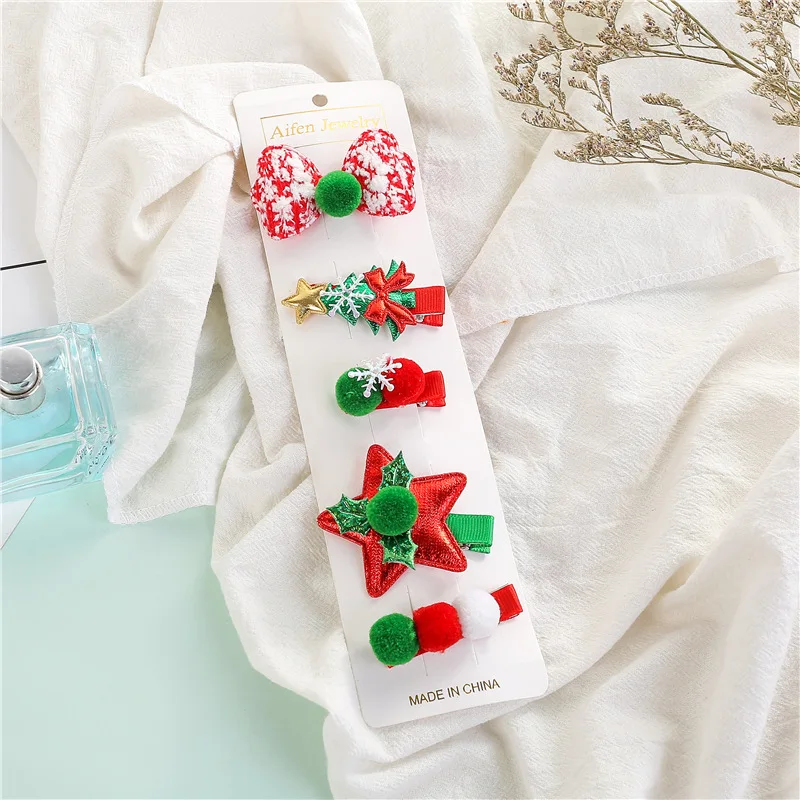 B 5pcs New Girls Christmas Hair Clips Lovely Santa Reindeer Bow Barrettes Headwear Kids Xmas Gifts Hair Accessories - Цвет: B