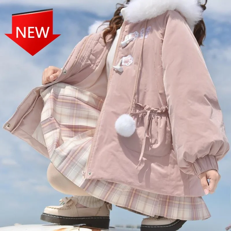 

Пальто на молнии в японском стиле преппи, Милая зимняя теплая верхняя одежда, кавайная Женская одежда, розовая куртка, толстая хлопковая кур...