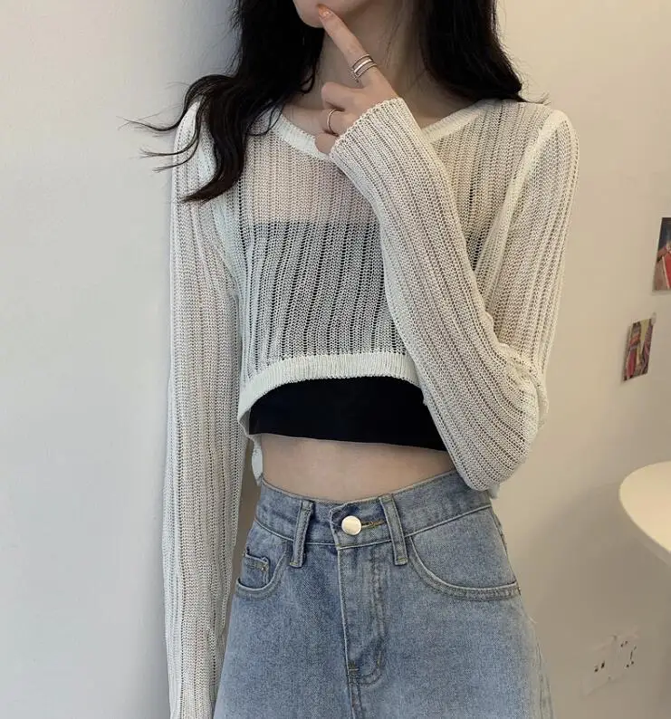 

Hollow out knitted women's summer short thin long-sleeved sunscreen shirt women