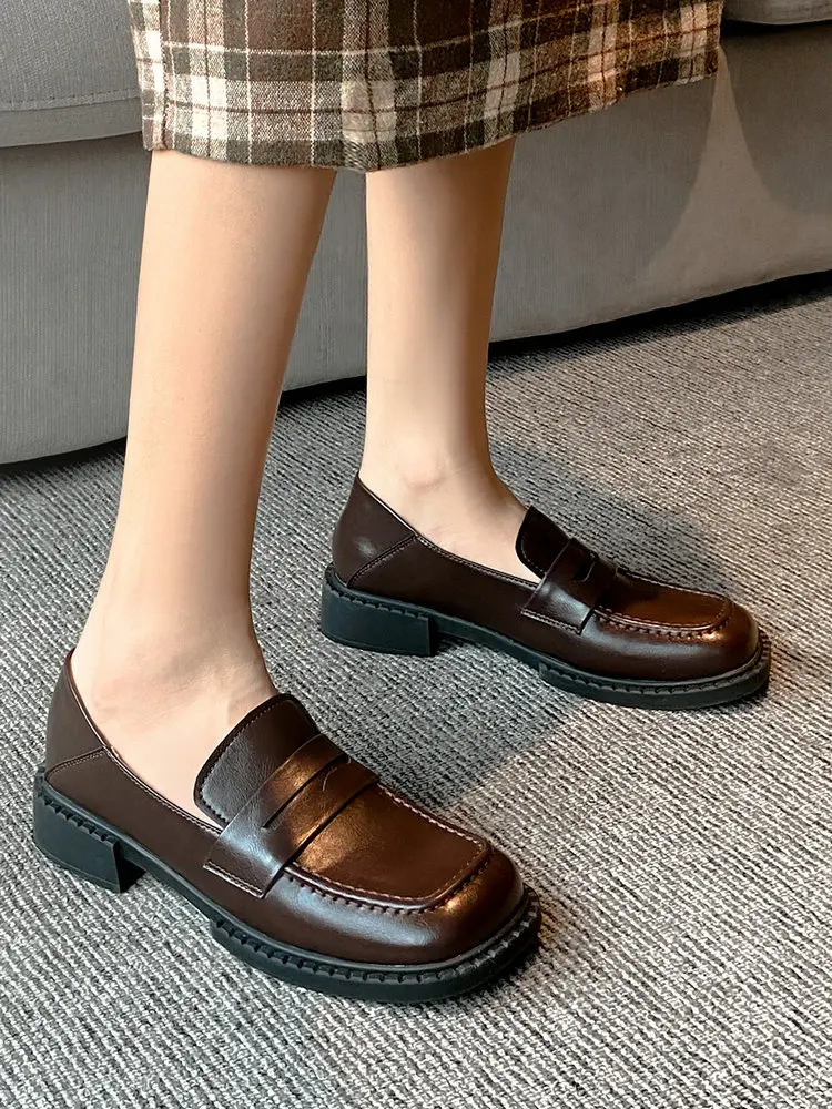 

EshtonShero New Women's Shoes Flat Heels Shoes Classic Genuine Square Toe Leather Summer Platform Fashion Black Women Loafers