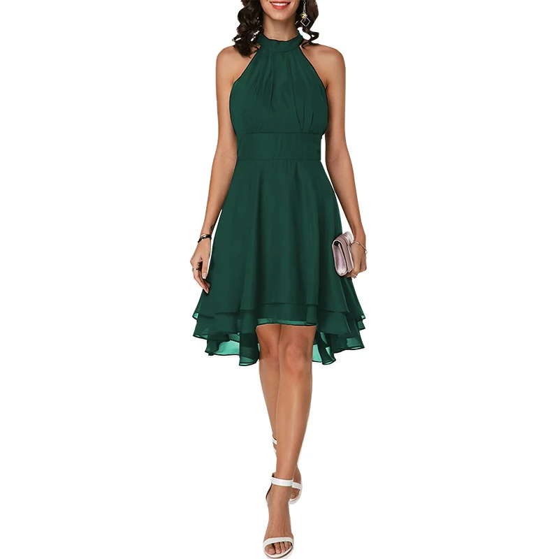 

ZOGAA Sexy Halter Sleeveless Party Dresses Women Solid Color Pleated Chiffon Clothing Asymmetric Summer Casual Vintage Dress