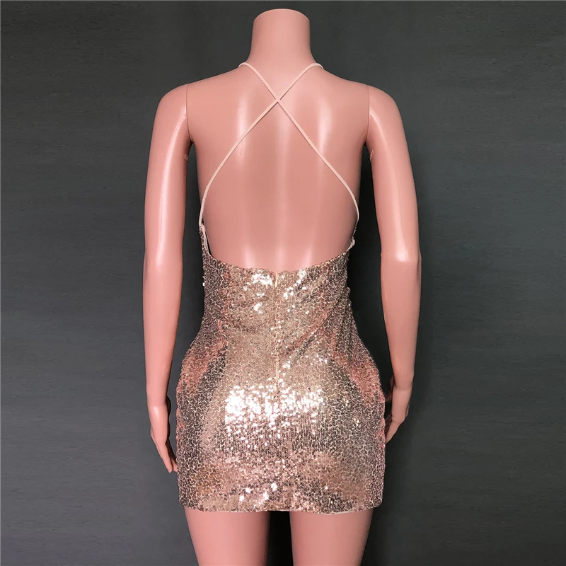 

Glitter Sequined Sexy Sleeveless V Neck Mini Dress Fashion Backless High Waist Package Hip Ribbed Women Dresses Night Club Wear