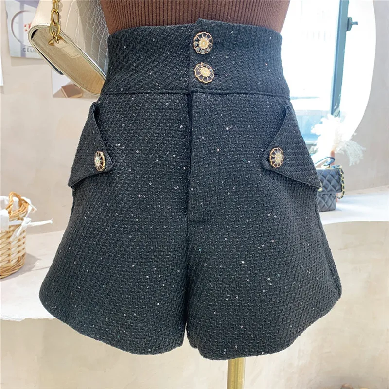 

Niche Design New Women's Clothing 2021 Autumn Winter High Waist Tweed Shorts Breasted Straight Pants Versatile Wide Leg Pants