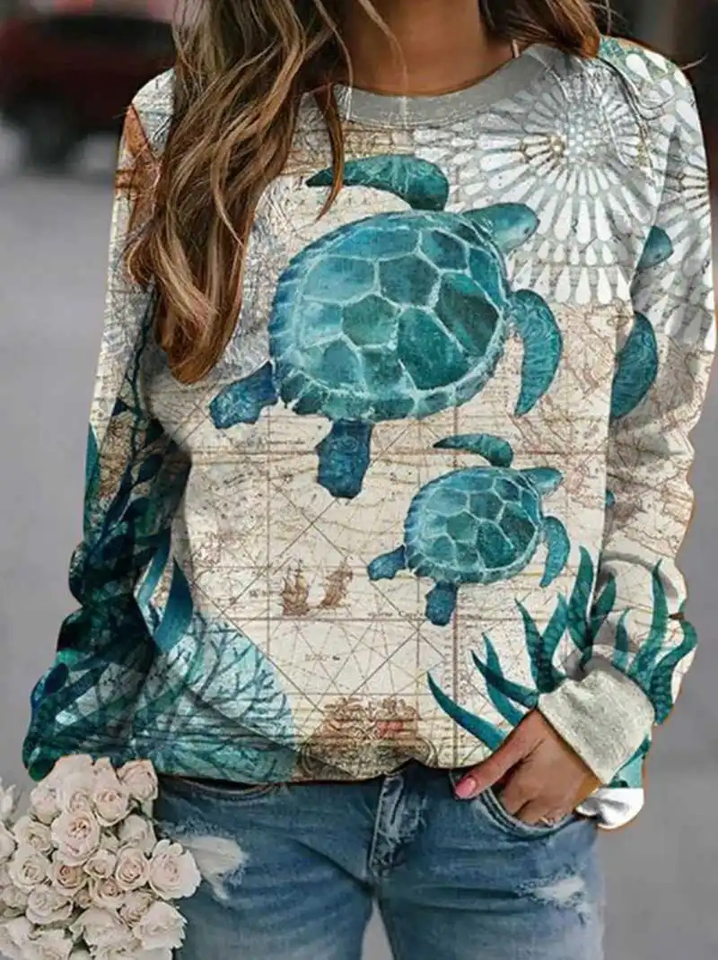 

2021 Round Neck oversized hoodie Women's Sweatshirt New Art Printed Christmas Landscape Pullover Long Sleeve Large Size Top