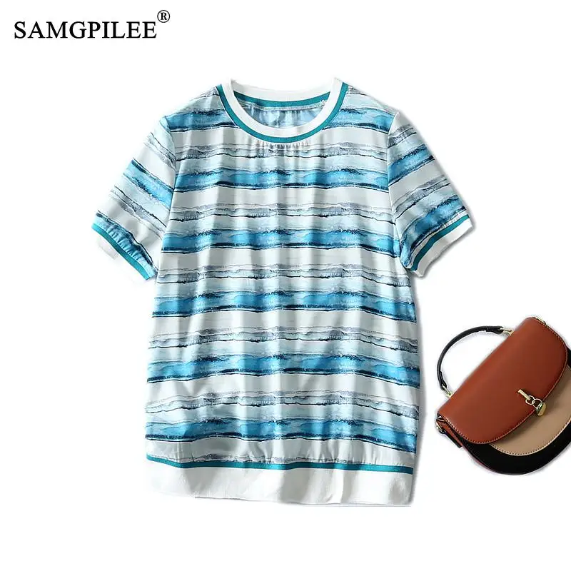 

Summer T-shirts Oversized Striped Straight Chiffon 2021 New Korean Style Short-sleeved Thin Casual Women T Shirt Plus Size 4XL