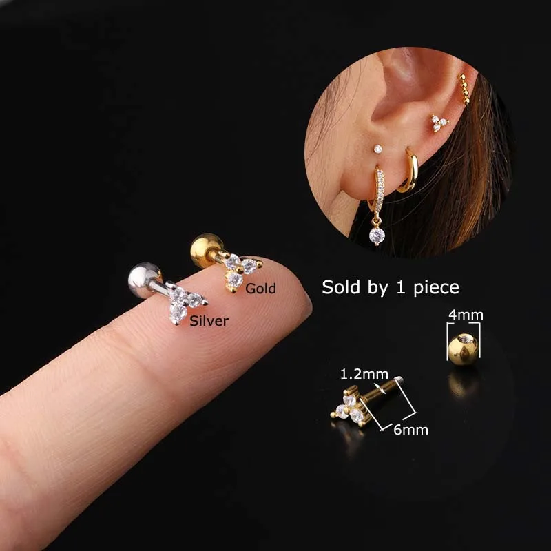 

1 Piece 3-stones Cartilage Earrings Stud 16Gauge Helix Tragus Piercing Stainless Steel 6mm Length