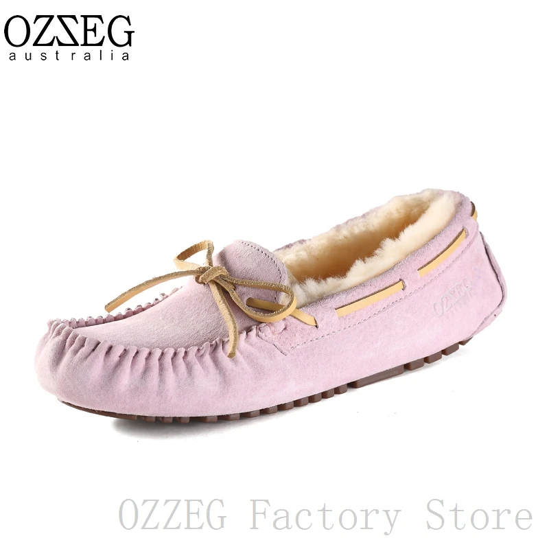 OZZEG; Роскошная брендовая дизайнерская обувь; женская зимняя обувь из натуральной кожи на плоской подошве; австралийская подкладка из натуральной овечьей шерсти; лоферы; обувь унисекс - Цвет: Розовый