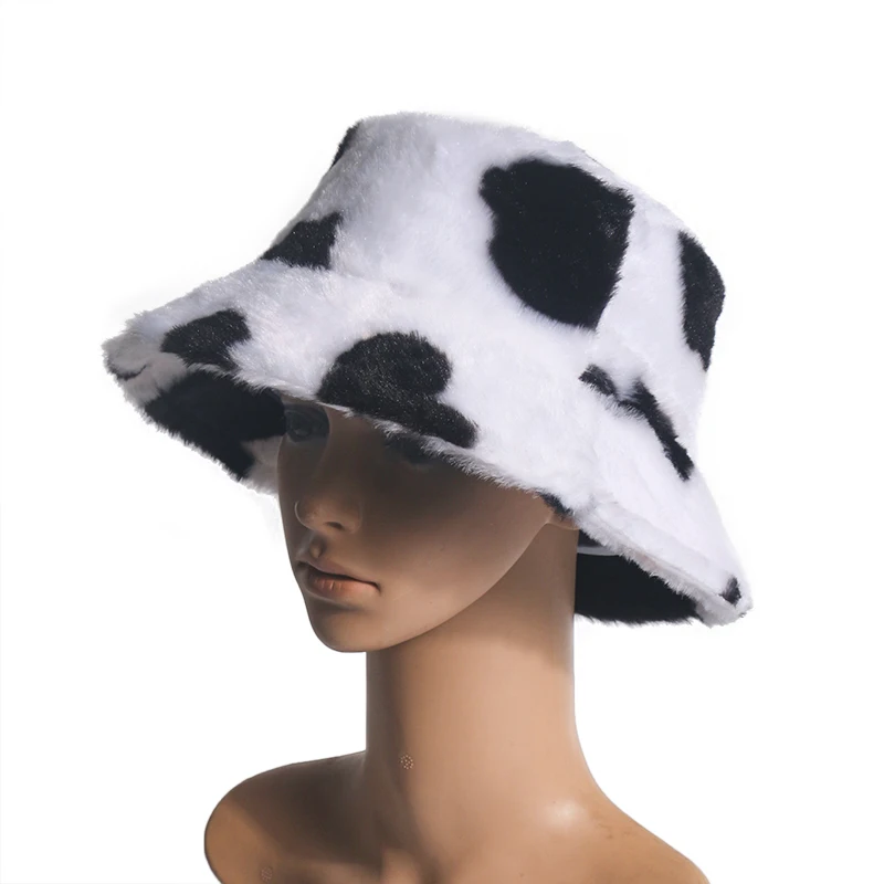 Winfox New Fashion Soft Reversible Black White Cow Pattern Faux Fur Bucket Hats For Women Warm Caps Winter 2020