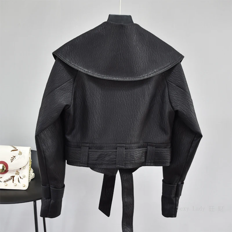 Осенняя Женская куртка из искусственной кожи, короткое пальто с отложным воротником и поясом, мотоциклетное черное панковое красное пальто...