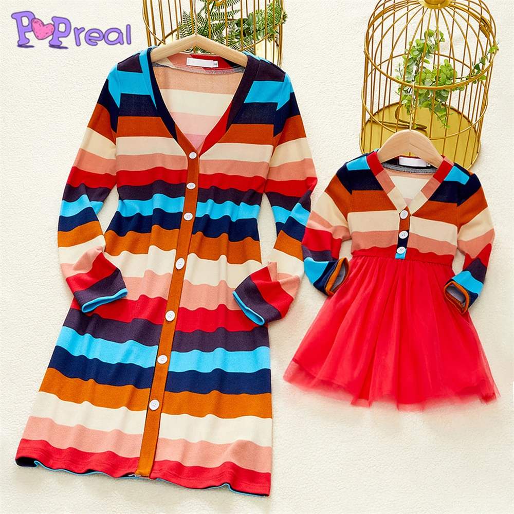 

PopReal Autumn Fashion Solid Buttons Mesh Stitching Mom Daughter Dress Mother Kids Family Matching Outfits Parent-Child Outfi