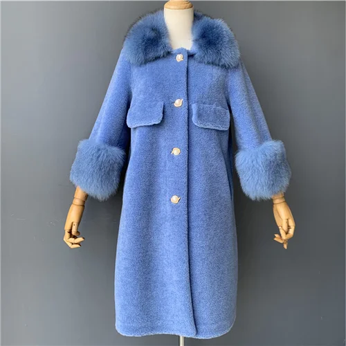 Blue MAOMAOFUR/шерстяное пальто для женщин с натуральным лисьим меховым воротником и манжетами; теплая верхняя одежда для женщин; Новая модная длинная стильная куртка из натурального овечьего меха - Цвет: Blue
