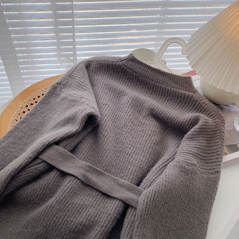 Корейский винтажный женский свитер Woherb с высоким воротником однотонный вязаный