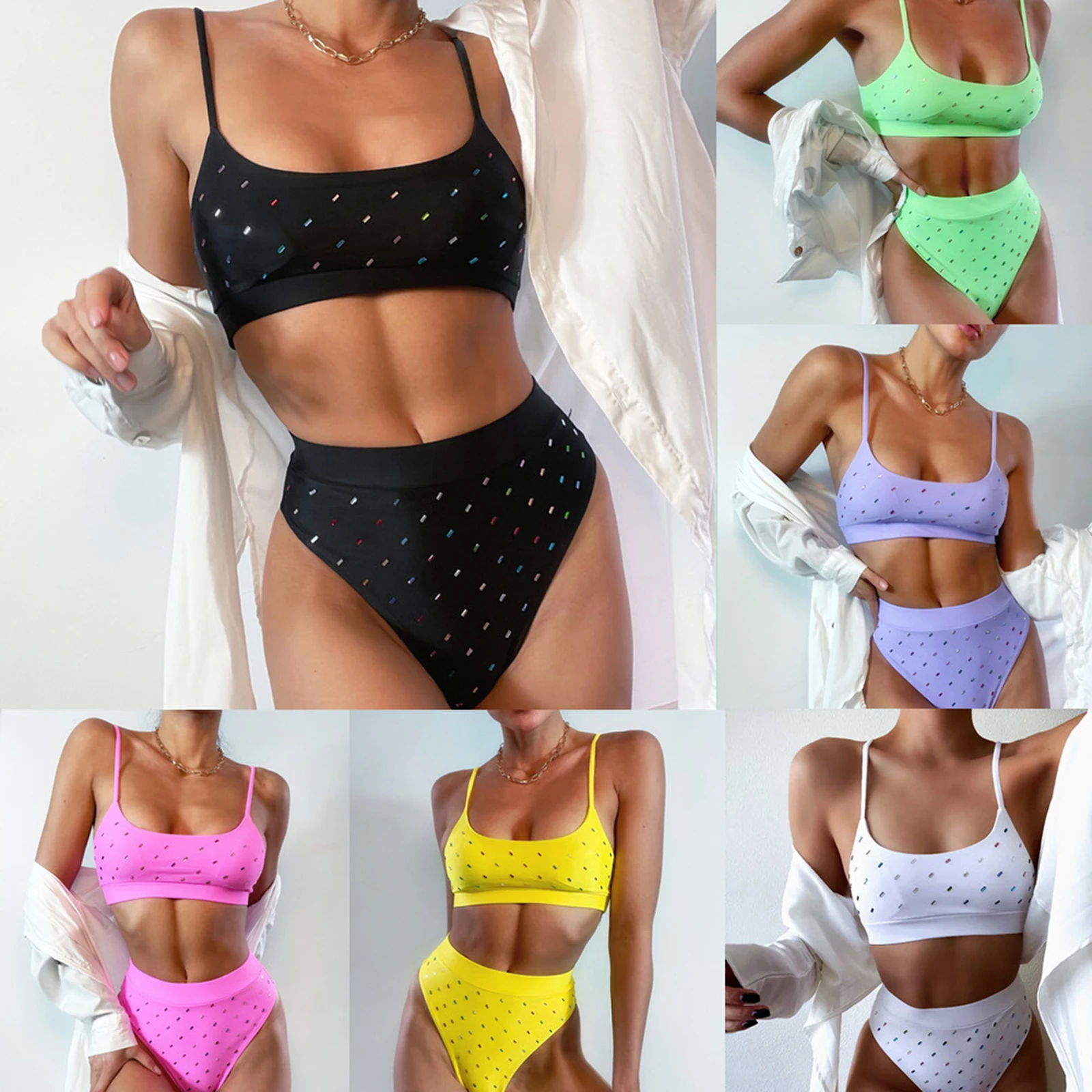 

Women's Sexy Contrast Bikini Sleeveless Sling Tops Briefs Swimsuit Hollow Bare Midriff Two Pieces Set Bathing Suit