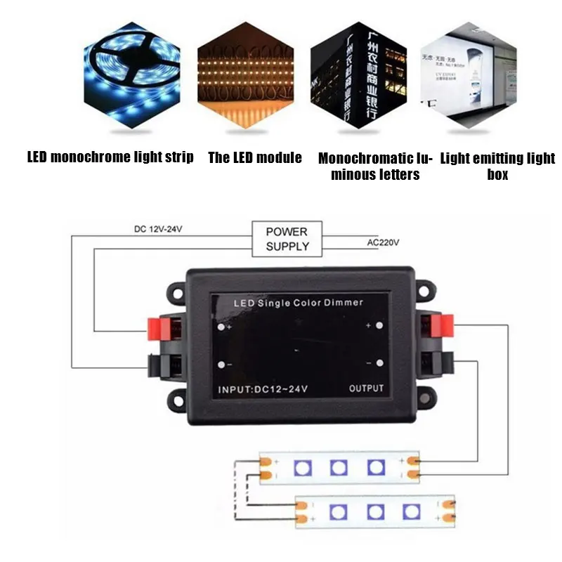 

Single Color LED Strip Light Wireless Remote Controller RF Dimmer DC 12V-24V 8A