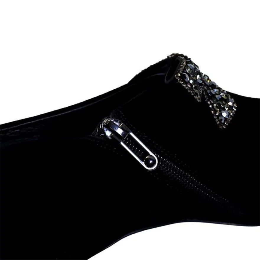 

Autumn Khaki Sexy Deep Mouth Shoes Women Pumps Pointed Toe Sweet Crystal Bowtie High Heels Party Woman Flock Zipper Ankle Boots