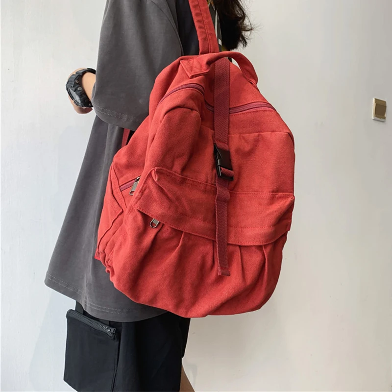 Винтажный холщовый рюкзак Женский однотонный дорожный на плечо простой стиль