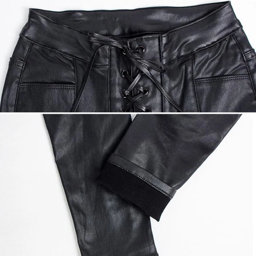 Джинсовые кожаные брюки с завышенной талией женские облегающие узкие завязками