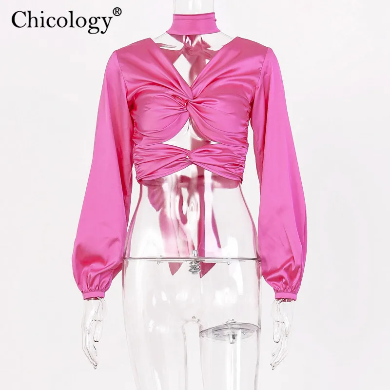 Chicology леди атласное Атлас Блузка Женское с открытой спиной зашнуровать выдолбить