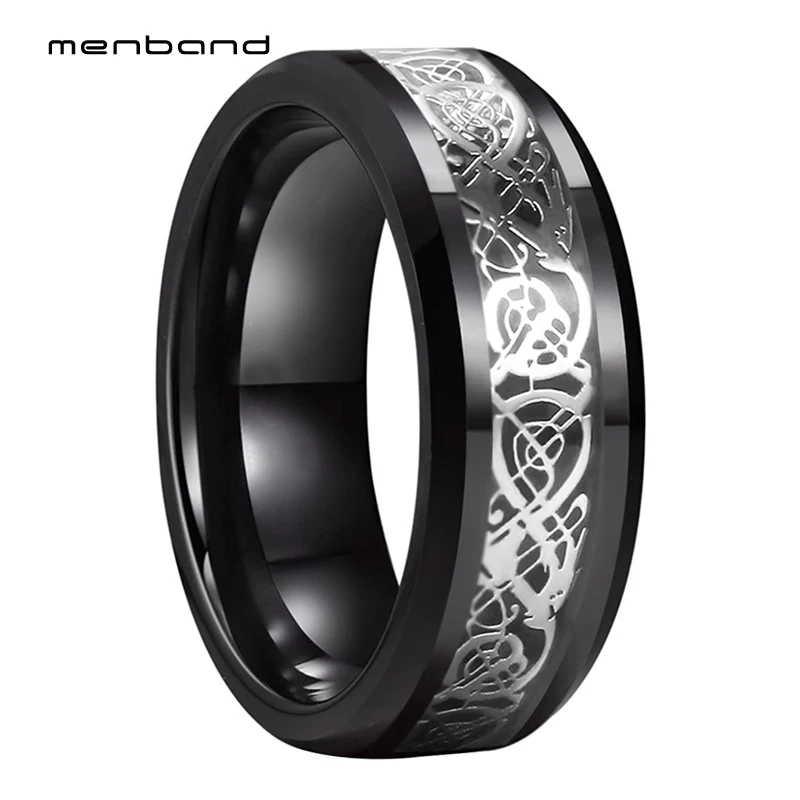 

Men Black Tungsten Ring Women Wedding Ring With Black Carbon Fiber and Dragon Inlay 8MM Comfort Fit