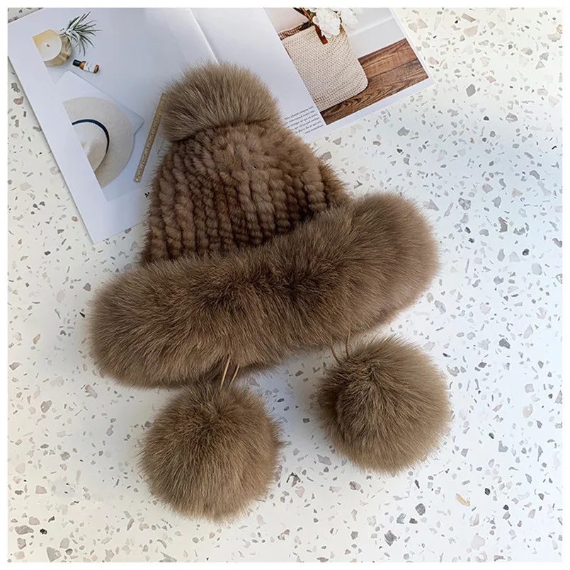 winter women's hat of Real mink fur and genuine fox new design hats red white color pompom for girl | Аксессуары для одежды