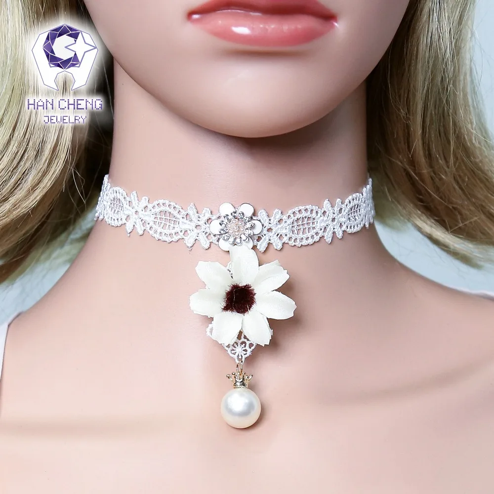 HanCheng новинка модное женское колье с белым цветком кружевом жемчугом лентой