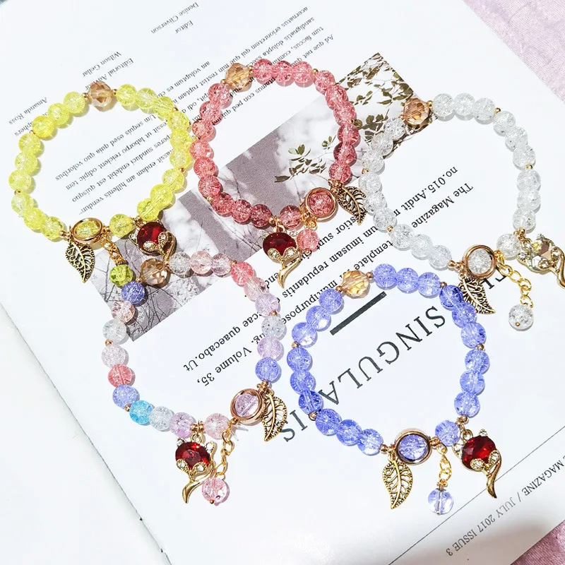 

Korea Style popcorn crystal bracelets women's red Crystal Fox leaf pendant Crystal crack glass bead bracelet for women Jewelry