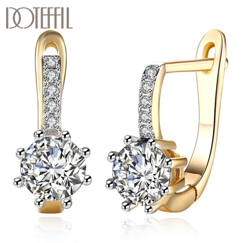 

DOTEFFIL 925 Sterling Silver Round AAA Zircon White/Blue 18K Gold Earrings For Women Jewelry Fashion Wedding Party Gift