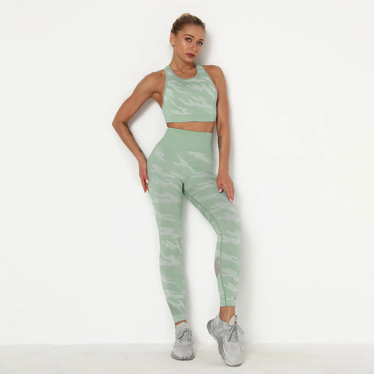 

Seamless Sport Set Mesh Camouflage Slim Yoga Sports Suit Tracksuit Crop Top High Waist Leggings Workout Gym Clothes Women's