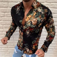 mens spring autumn large size s 3xl black floral casual fashion slim roll neck cardigan long sleeve shirt