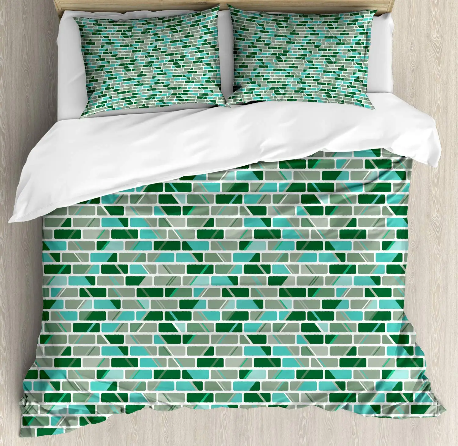Brick Duvet Cover Set Creative Image Pieces with Blocks 3 Piece Bedding Forest Green Dark Seafoam Pale Reseda and Rese