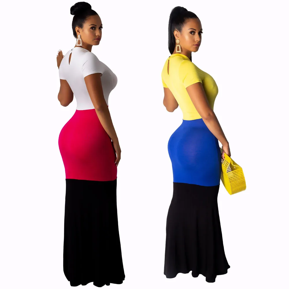 

Color Block Patchwork Maxi Dress Women 2020 O-neck Short Sleeve Plus Size Summer Bodycon Dresses Sexy Bodycon Long Party Vestido