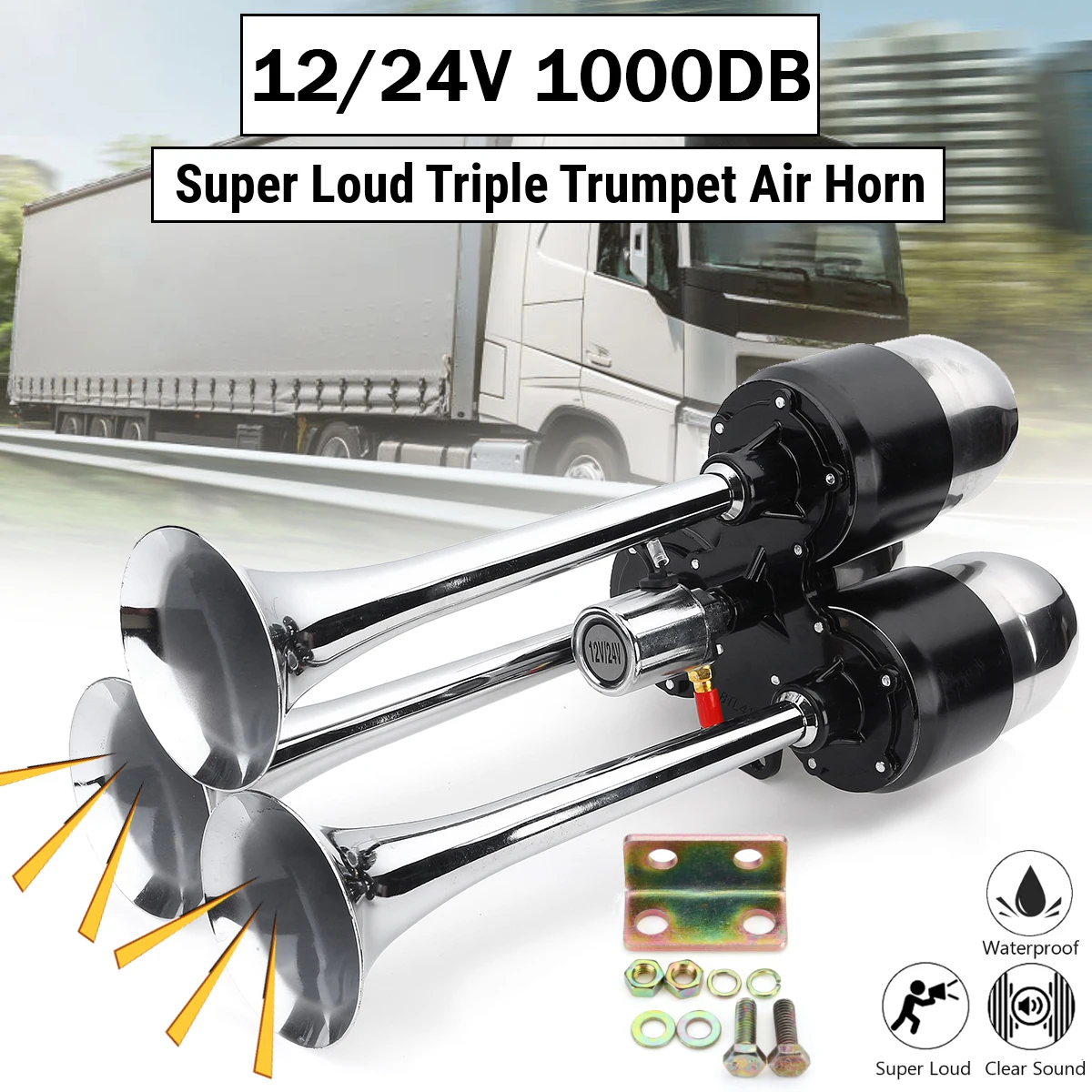 

Universal 12V 24V 1000DB Dual Triple Trumpet Air Horn Super Loud For Automobiles Car Trucks Van Boat Pickup Car Accessories